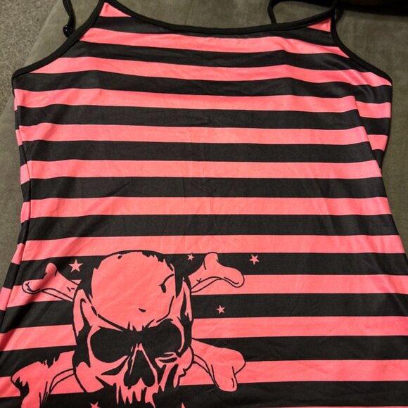 Skull & Bones Pink/Black Striped Skull Camisole Top Goth Emo Biker Style medium - Picture 2 of 10